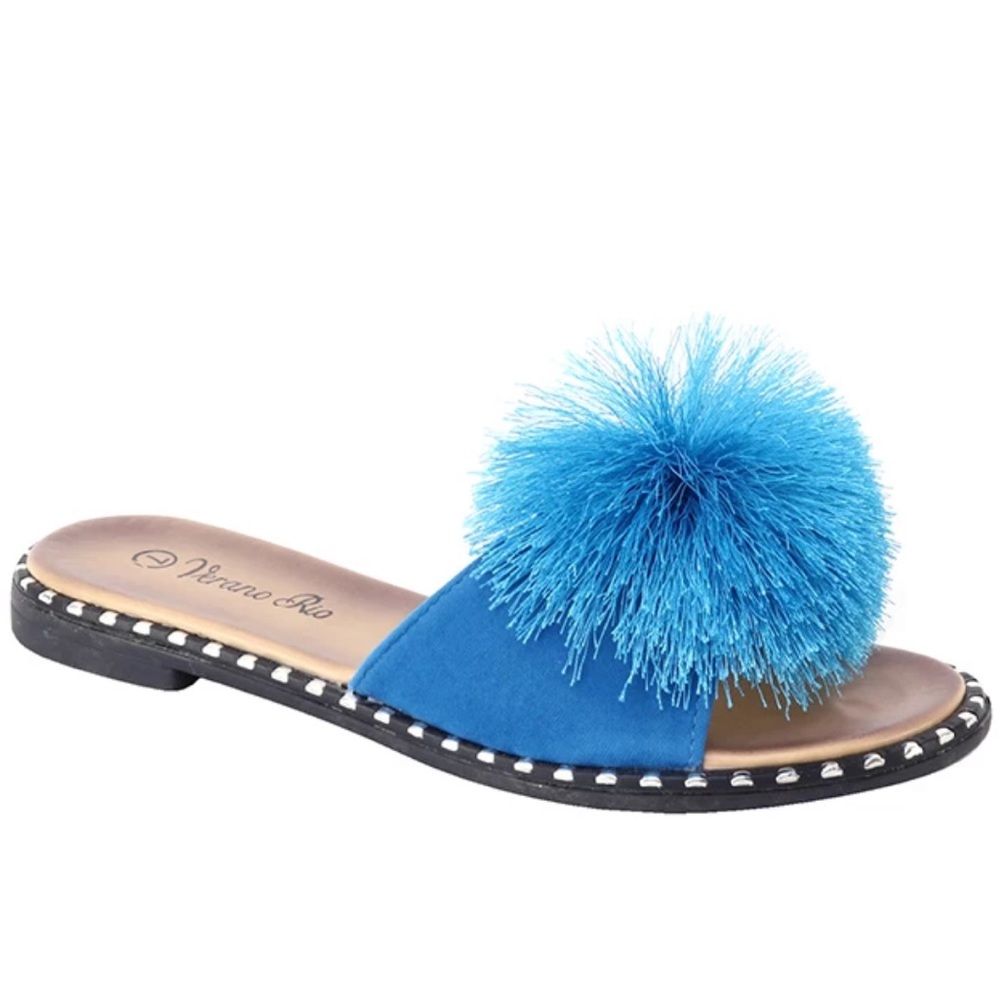 Italina Turquoise Blue Pom Rosette Studded Flat Mule Padded Slide Sandals